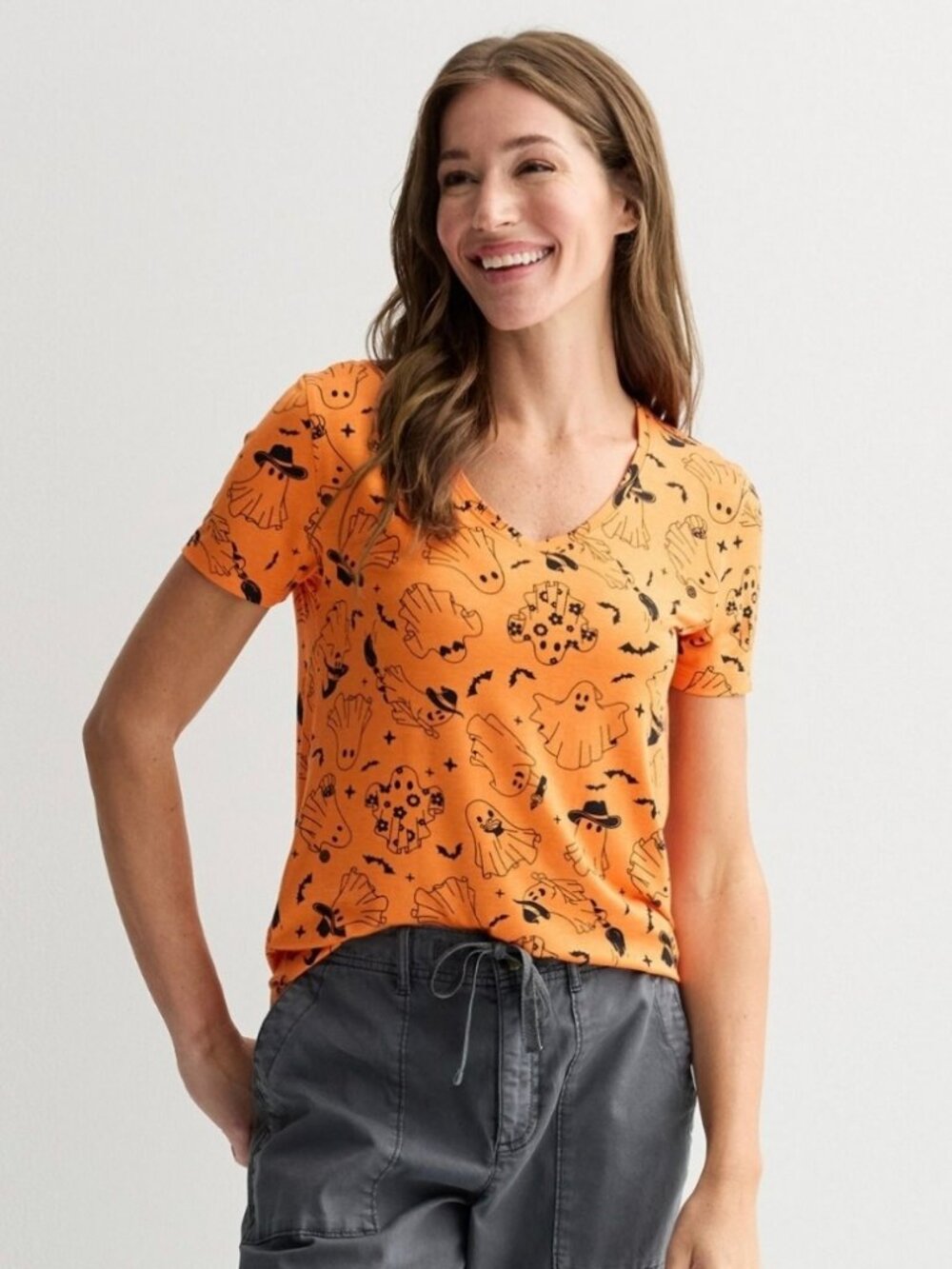 🎃Women's Halloween All-Over Print V-Neck Short Sleeve Top by Hybrid Size XL NWT
